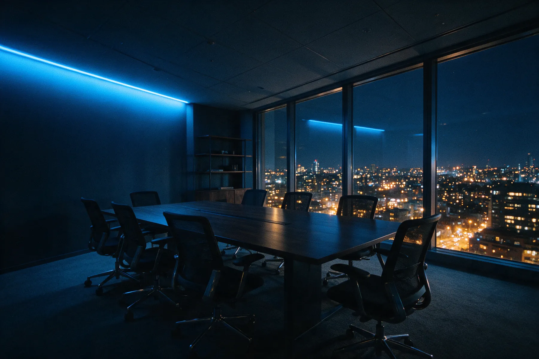 Sala de reunião vazia à noite, com as luzes da cidade atrás do vidro